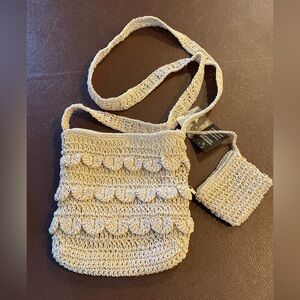 Handmade in Greece Aria Macrame Crossbody Bag Beige Attached Coin Purse New